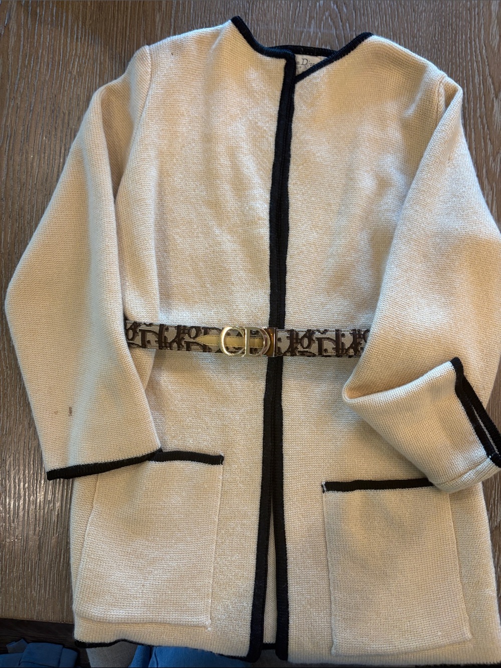 Authentic vintage DIOR Cream Knit Top with Black Trim collarless jacket